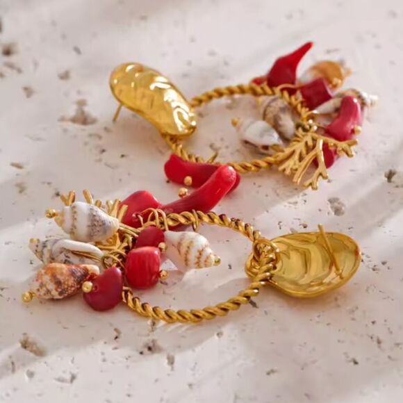 New ANTHRO Gold Stainless Steel and Red Coral Conch Shell Dangle Earrings - Picture 7 of 10